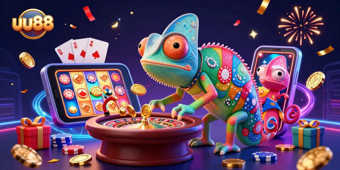 Experience thrilling gameplay at uu88 with a vibrant chameleon casino owner in a dazzling 3D scene.