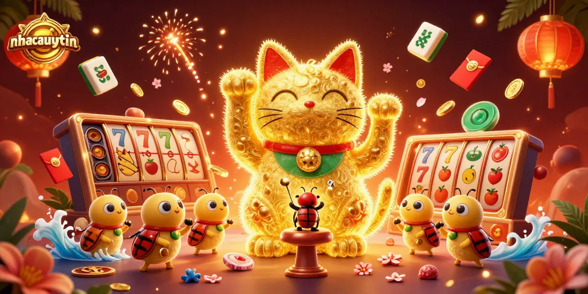 Engage with the vibrant world of nhacaiuytin through a dazzling illustration of a lucky cat surrounded by casino symbols.