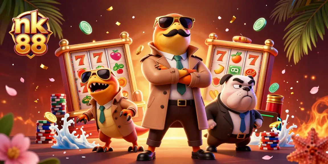 Experience nk 88's thrilling slots scene with cartoon raptors and vibrant casino elements.