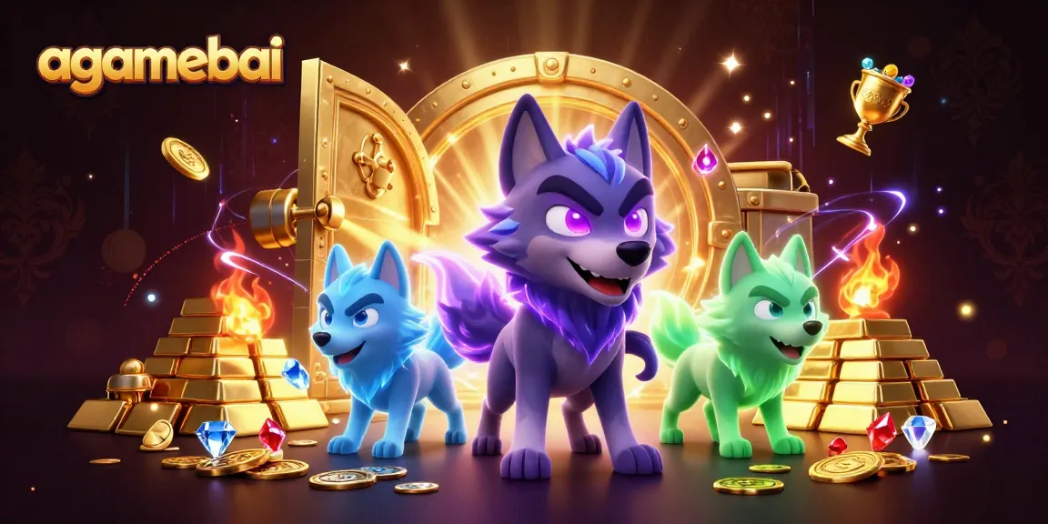 Win big with agamebai in an exciting dynamic casino illustration featuring mystical wolves and treasures.