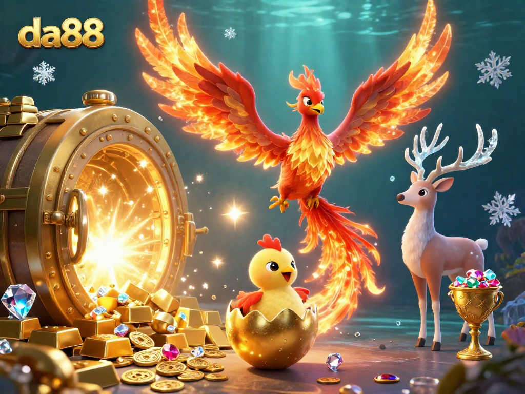 Experience the thrilling world of da88 with a vibrant casino scene featuring phoenixes and treasures.