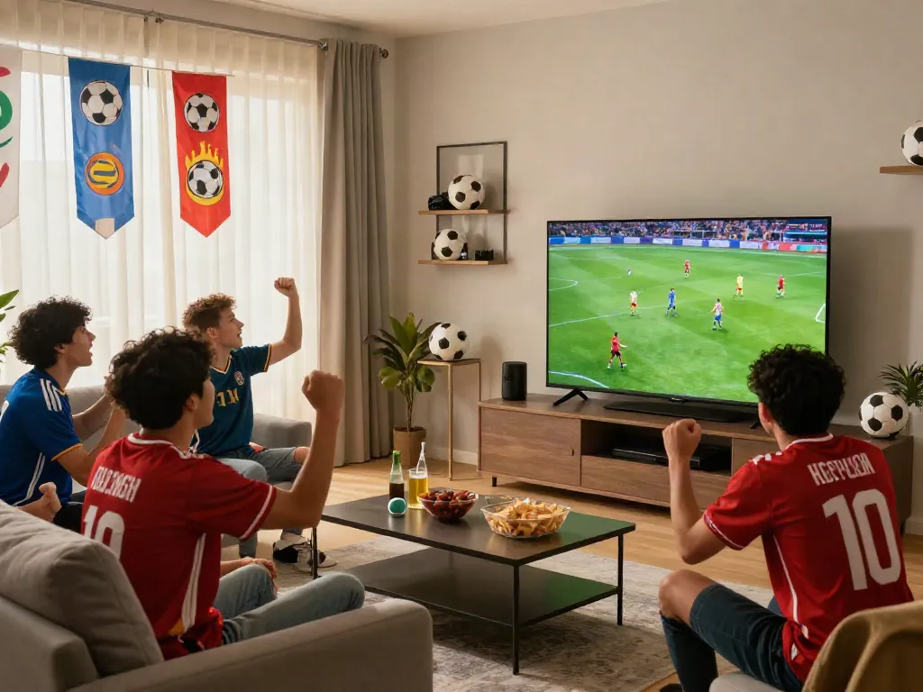 Friends enjoying a thrilling soccer match on Gavangtv in a lively living room.