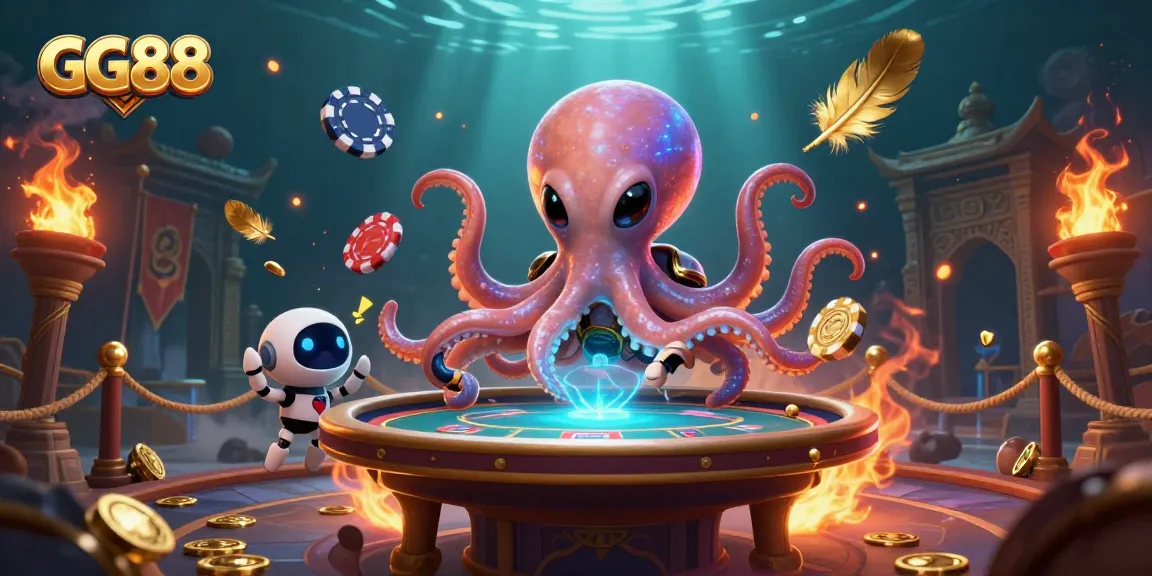Experience thrilling poker at GG88 with alien octopus and robot in immersive casino scene.
