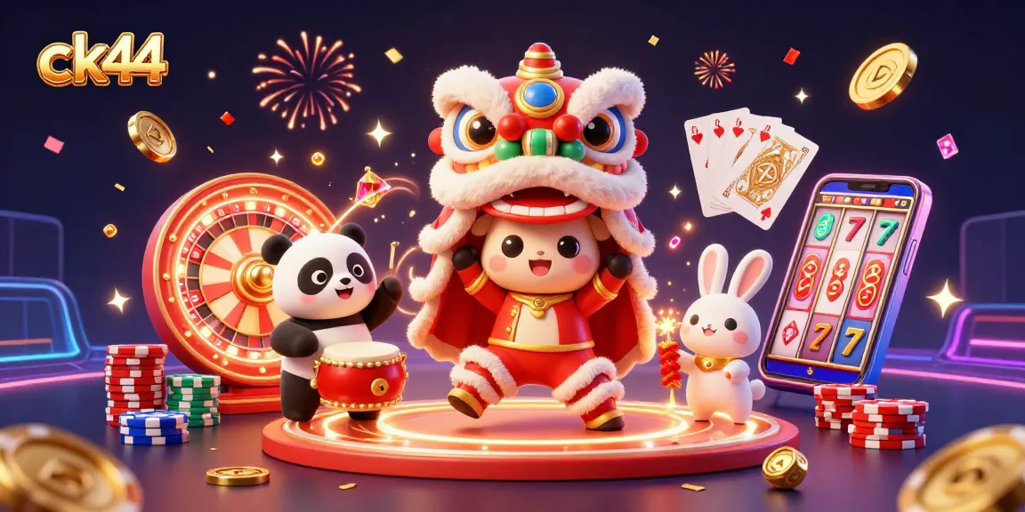 Experience the excitement of winning at ck44 with a lively scene featuring a lion dance, casino elements, and festive decor.