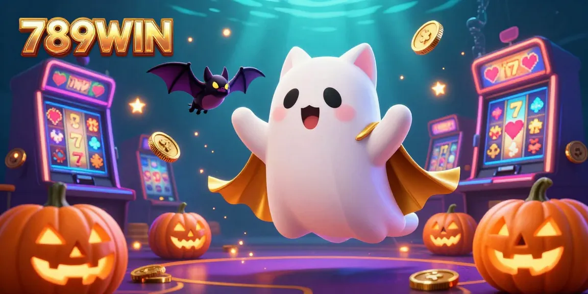 Spin the reels at 789WIN with a vibrant casino scene featuring a ghost cat, bat companion, and glowing jack-o-lanterns.