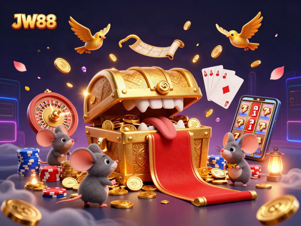 Experience the excitement of JW88 casino with vibrant golden treasures and dynamic gaming elements.