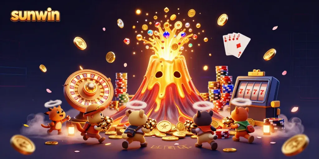 Experience the thrill of winning with sunwin in this vibrant 3D casino scene featuring golden treasures.