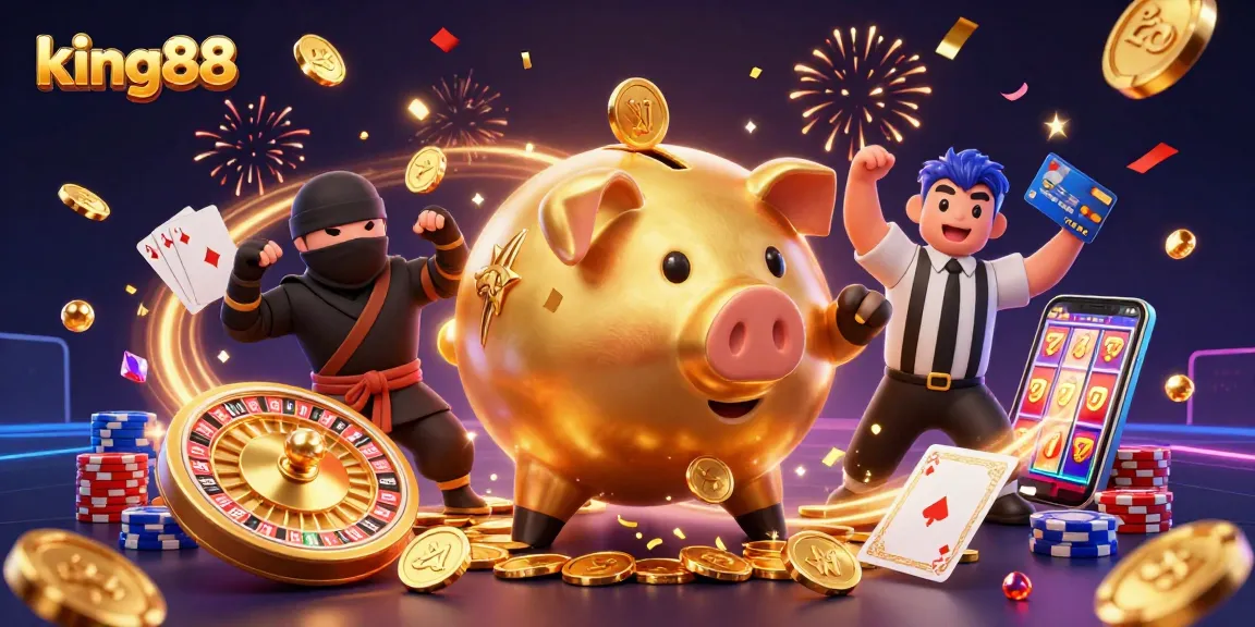 Experience thrilling gaming action with king88's vibrant casino illustration, showcasing dynamic characters and gold coins.