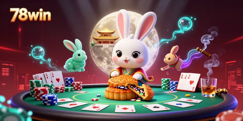 Engage with thrilling 78win adventures through unique 3D illustrations showcasing a moon rabbit gambling theme.