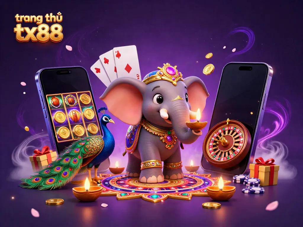 Experience the vibrant atmosphere of trang chủ tx88 with a 3D elephant, peacock, and dynamic gaming elements.