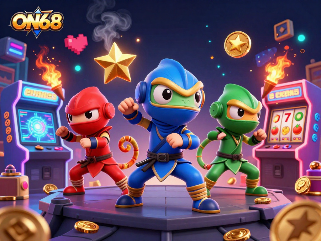 Experience ON68 with a colorful 3D ninja chameleon team in a casino arcade scene