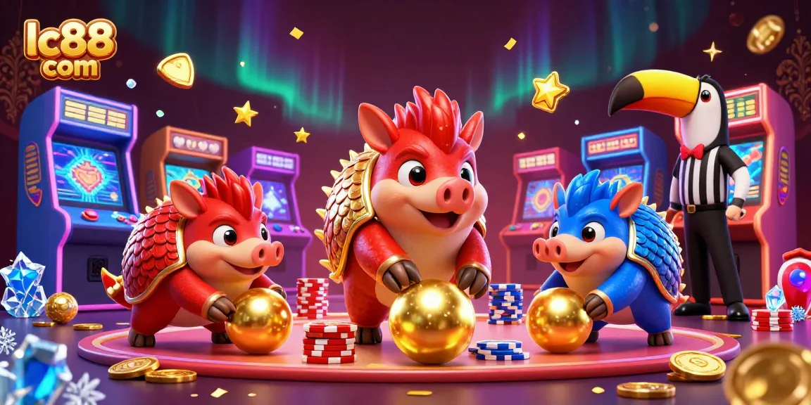Play and win at lc88 com with a vibrant 3D casino scene featuring pangolins and poker chips.