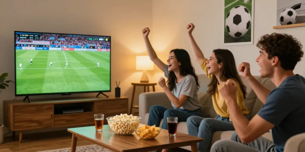 Xoilactv viewers enjoying a football match in Full HD with snacks and drinks in a lively living room.