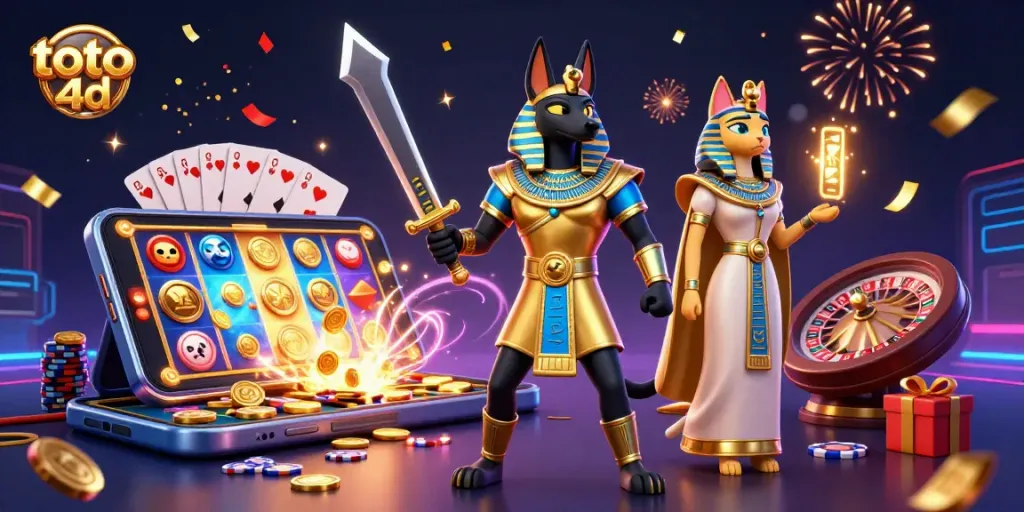 Experience thrilling toto 4d gameplay with Anubis and Bastet in this vibrant casino scene.