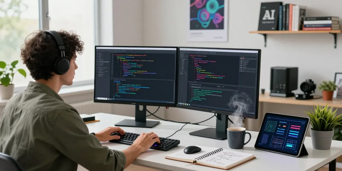 Developer coding with large language models on dual monitors in a modern workspace.
