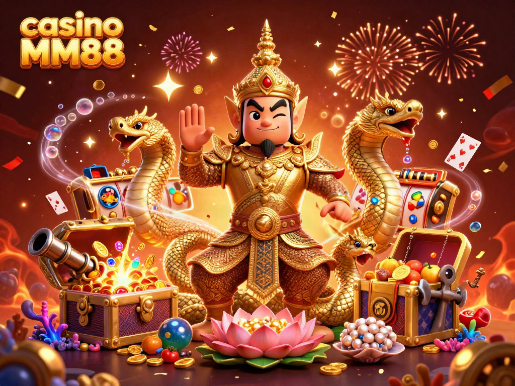 Experience the vibrant excitement of casino MM88 with this dynamic 3D illustration showcasing colorful slot games.