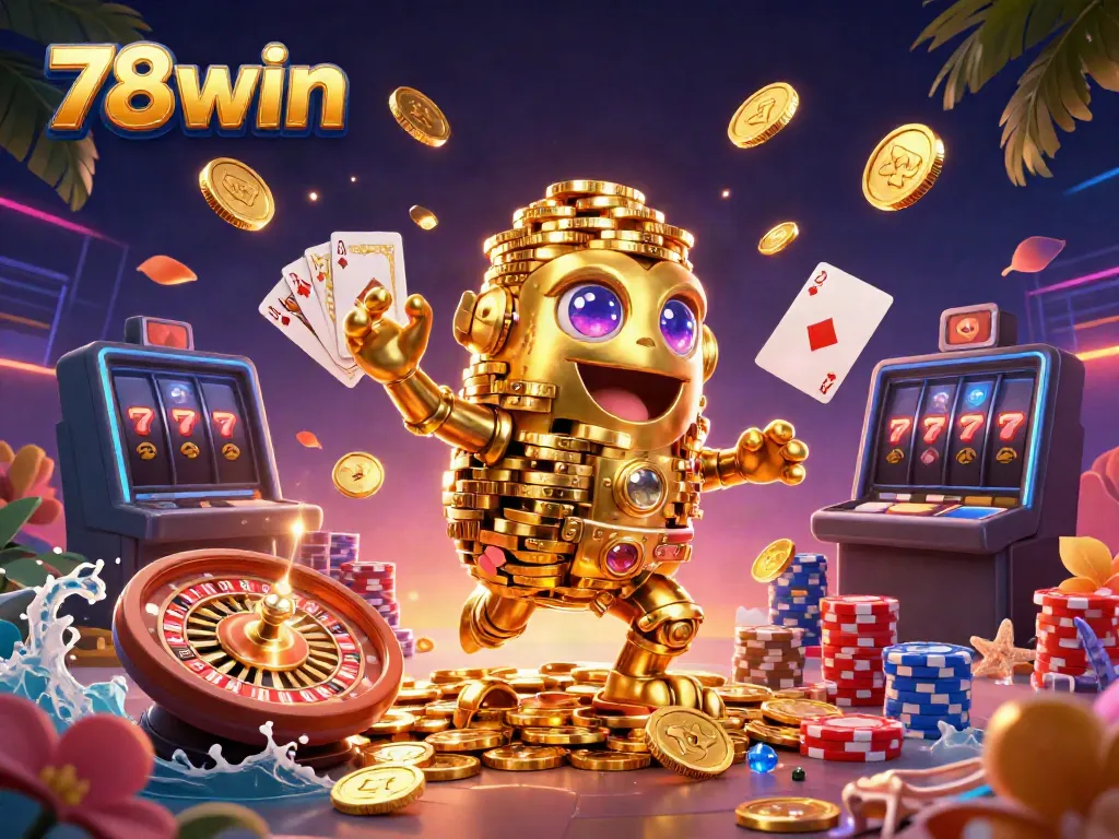 Experience the thrill of 78win as cascading coins and slot reels illuminate the action-packed casino scene.