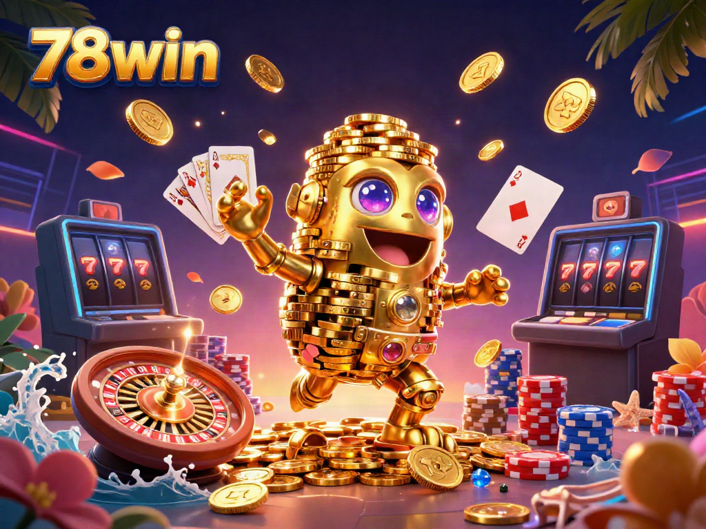 Experience the thrill of 78win as cascading coins and slot reels illuminate the action-packed casino scene.