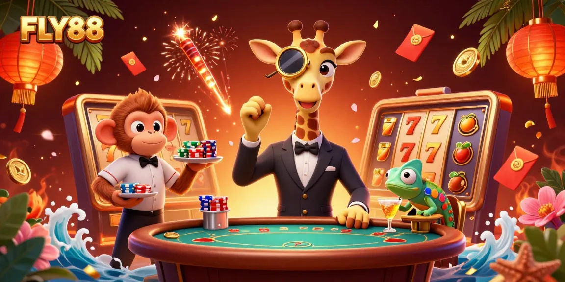 FLY88 players engage with a vibrant online casino scene featuring dynamic characters and slot elements.
