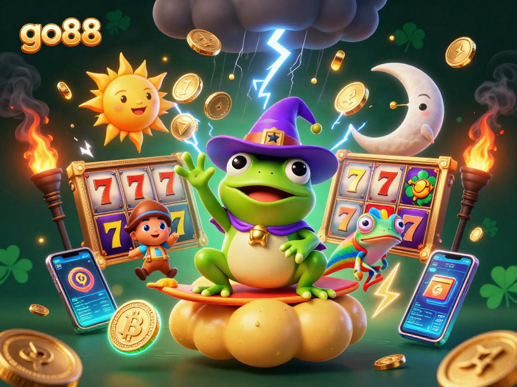 Experience go88's excitement as golden coins and vibrant slot elements create a thrilling casino atmosphere.