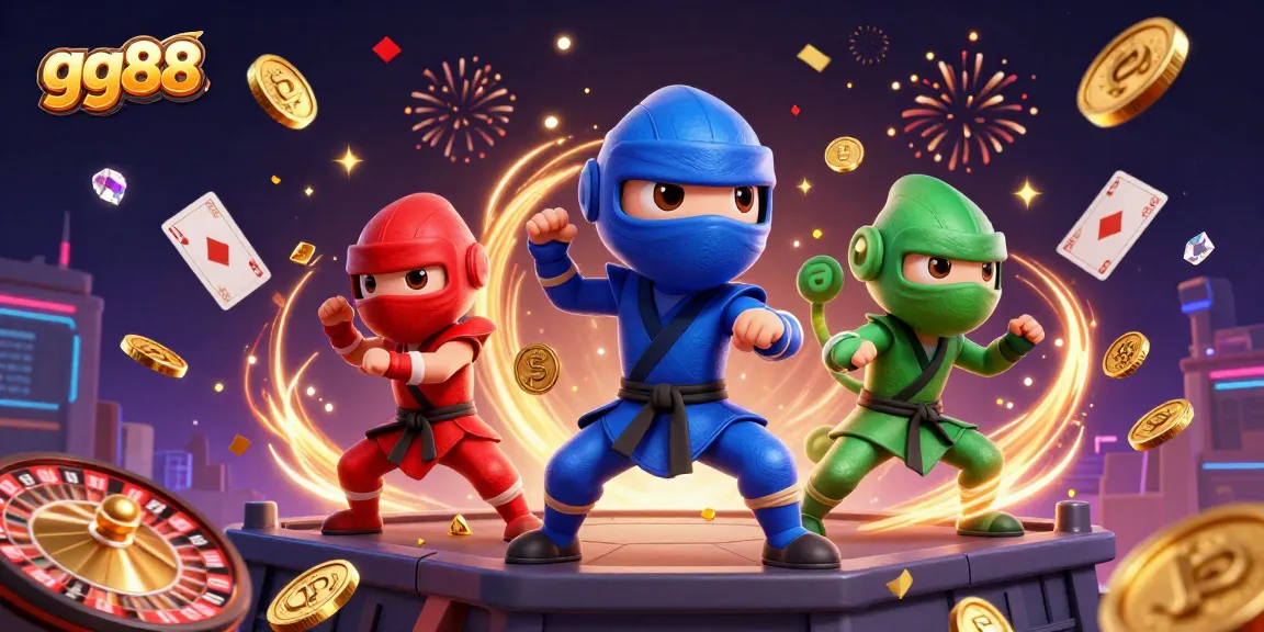 Experience thrilling action with gg88 as colorful chameleon ninjas perform martial arts amidst casino elements.