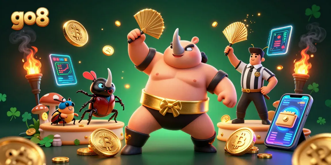 Experience winning thrills at go8 with a dynamic scene of a roaring beetle champion amidst flying coins and crypto elements.