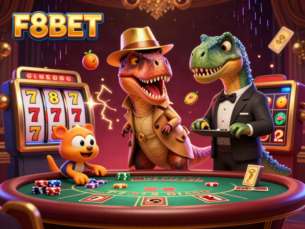 F8BET features a velociraptor card counter, stegosaurus pit boss, and compy pickpocket at a busy blackjack table.