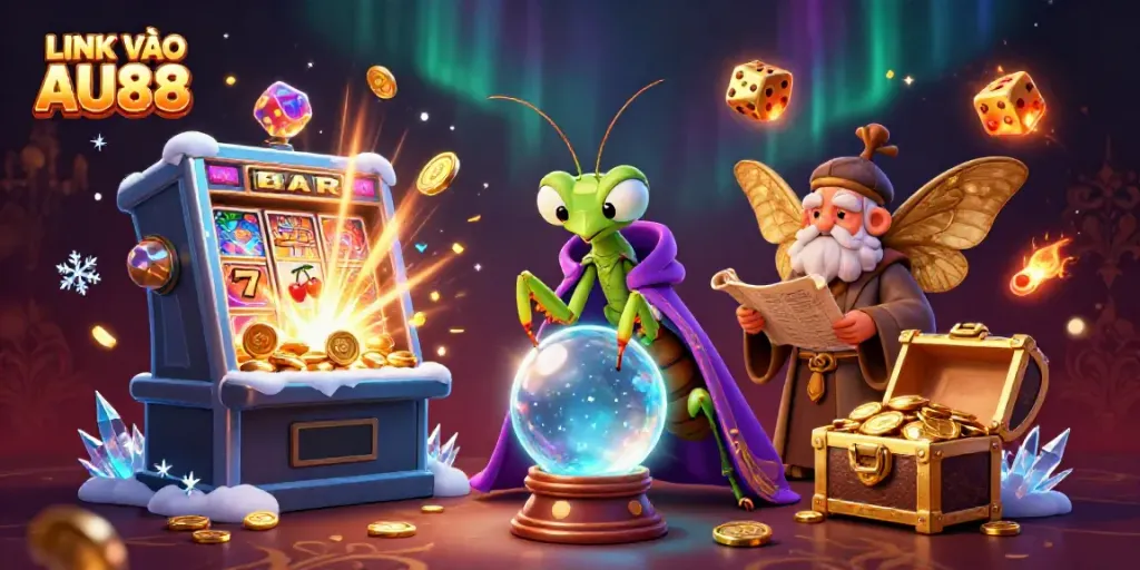 Experience the magic of LINK VÀO AU88 with a vibrant 3D illustration showcasing fortune teller characters and thrilling casino scenes.