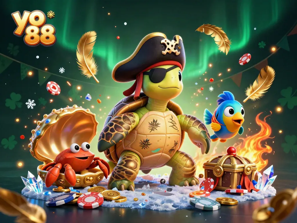 Join the thrilling world of yo 88 with a vibrant scene of a pirate turtle, crab, and parrotfish amidst treasure and poker chips.