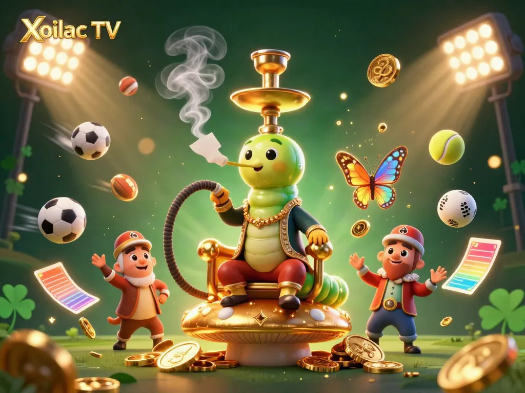 Xoilac TV showcase featuring a colorful and vibrant 3D illustration of gambling elements and characters.