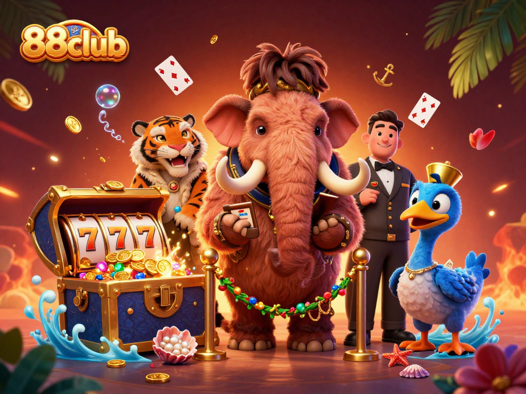 Experience the vibrant world of 88club with a colorful 3D illustration featuring a mammoth bouncer at the casino entrance.