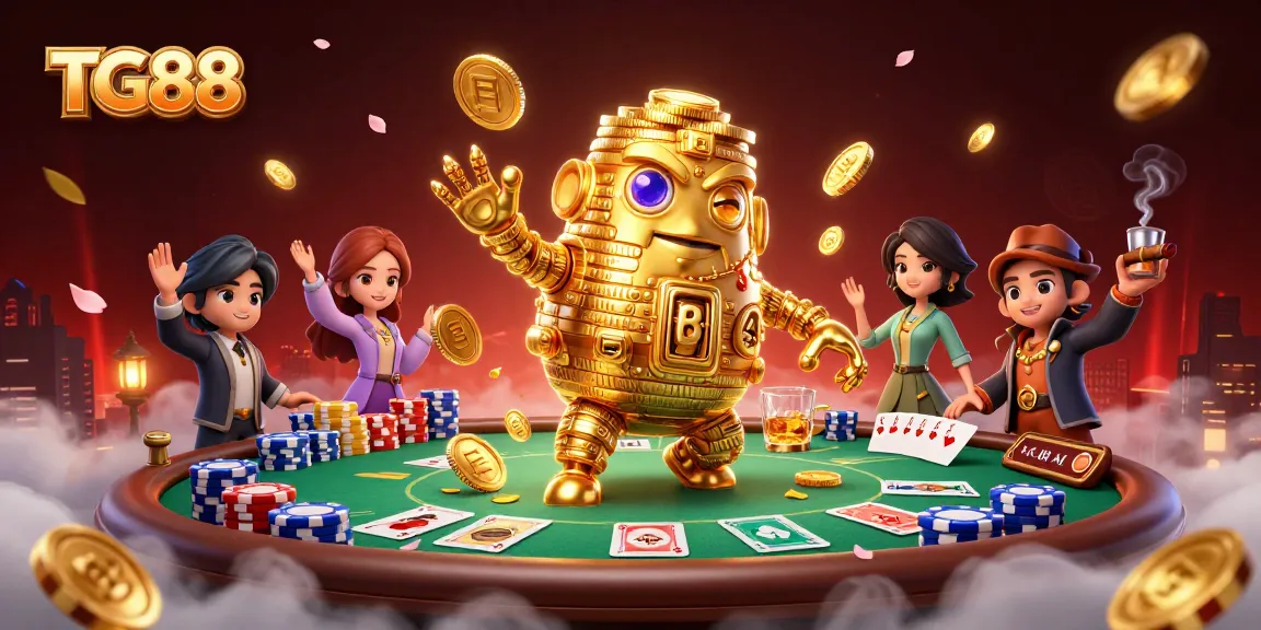Experience thrilling gameplay at TG88 with a golem surrounded by poker chips and vibrant casino elements.