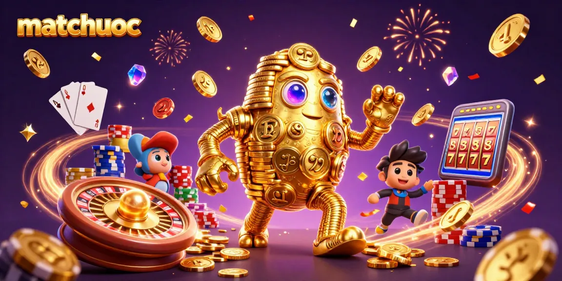 Experience thrilling wins with matchuoc in this vibrant casino scene featuring a golden golem and lucky symbols.