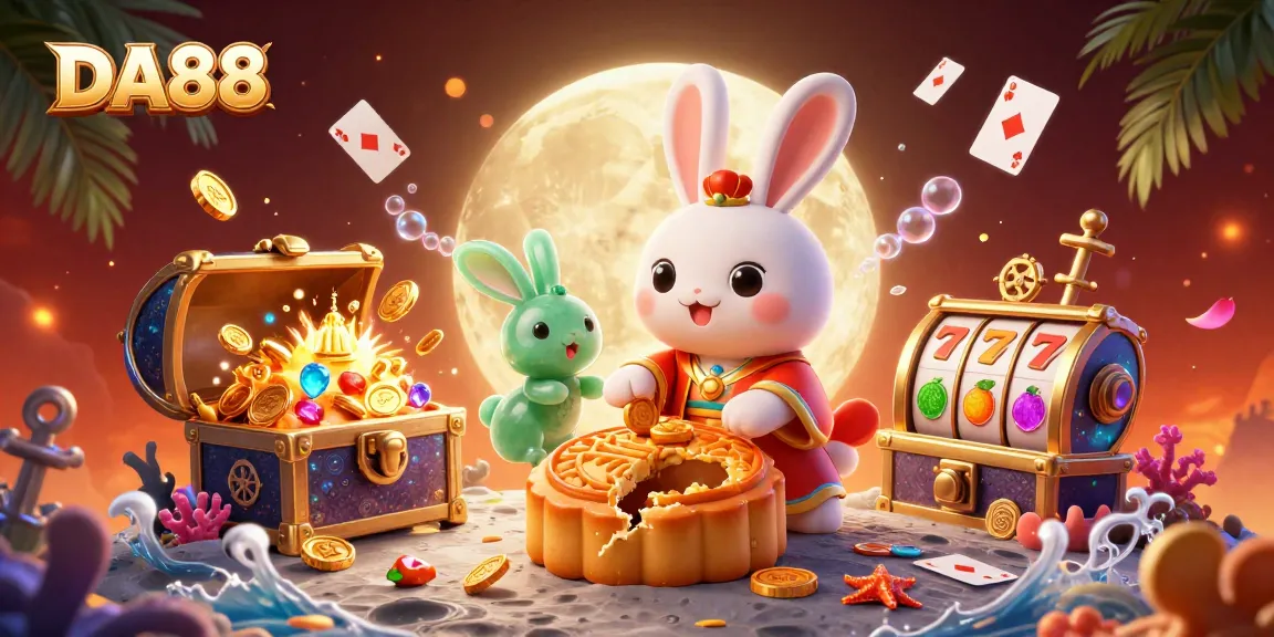 Experience the thrill of DA88 with a vibrant casino-themed illustration featuring slot reels and enchanted characters.