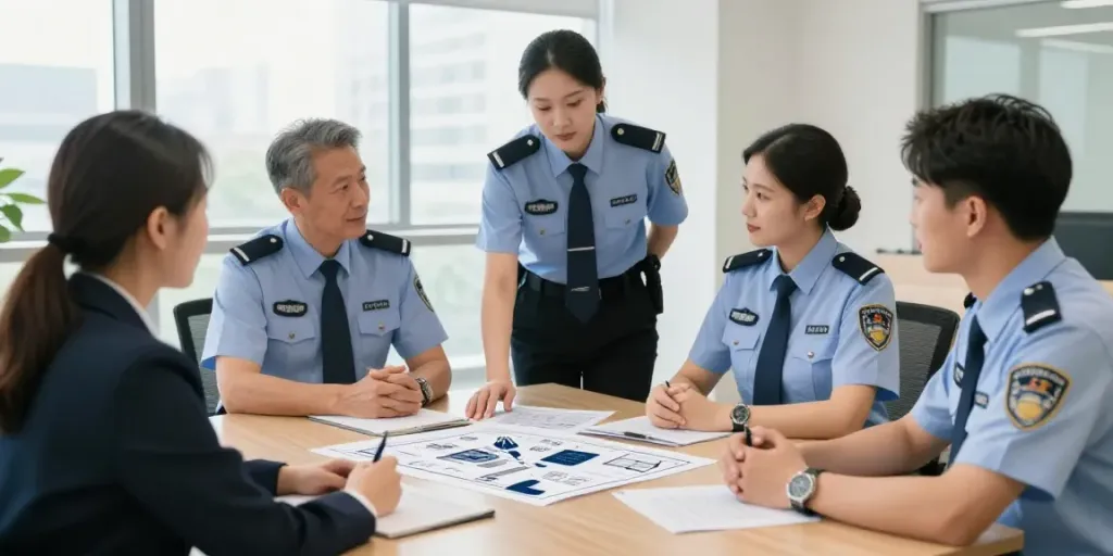 Corporate Security meeting with local professional security team guiding trusted services.