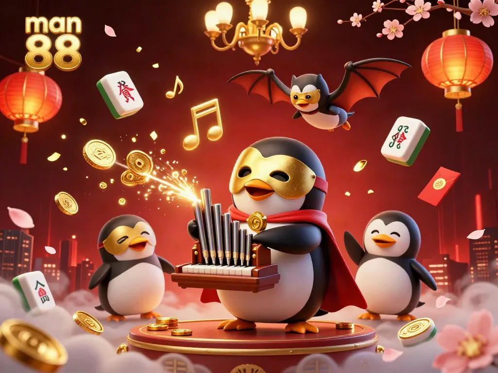 Experience man 88 with a dynamic casino scene featuring golden coins and festive elements in this vibrant illustration.