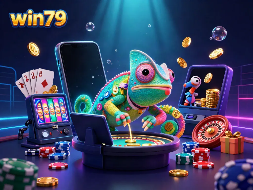 Experience exciting gameplay at win79 with vibrant casino action and a dynamic chameleon character.