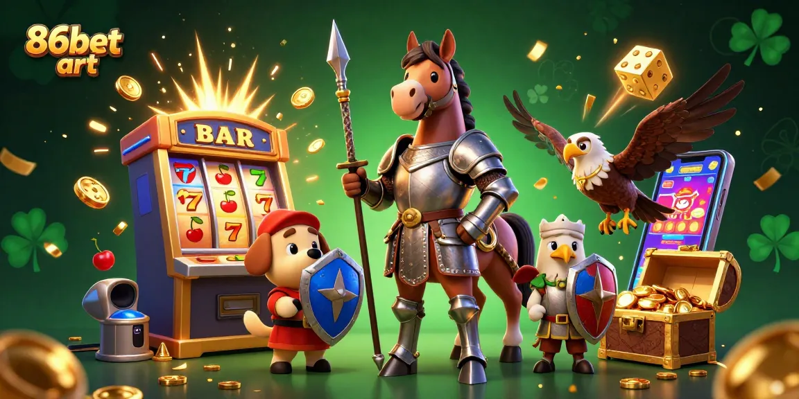 Experience immersive slots at 86bet art with a dynamic scene featuring knights and vibrant casino elements.