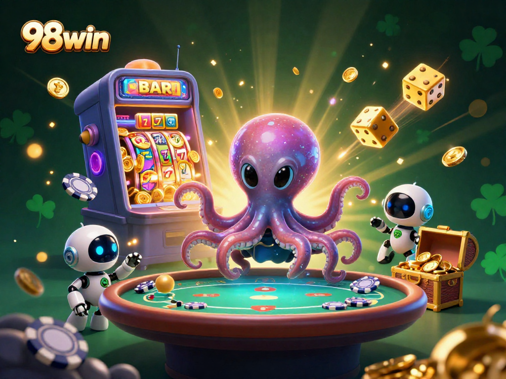Join the fun with the vibrant 98win casino scene featuring a cosmic octopus and robot companions.