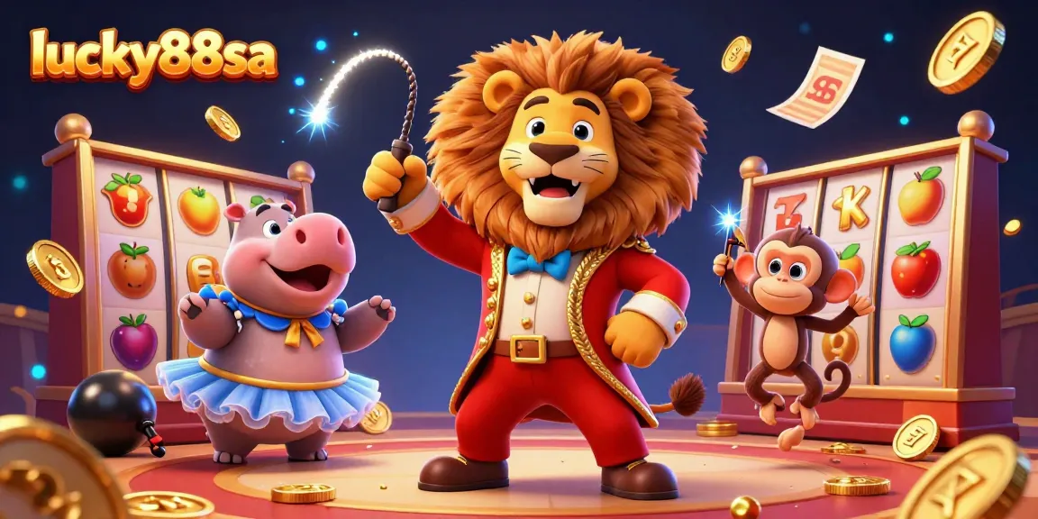 Engage in thrilling gameplay at lucky88sa with a vibrant 3D carnival scene filled with dynamic slot symbols and lively characters.