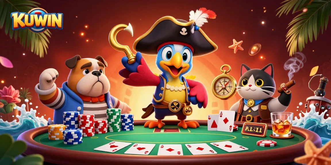 Play poker and win with KUWIN's vibrant 3D illustration featuring a lively casino scene.