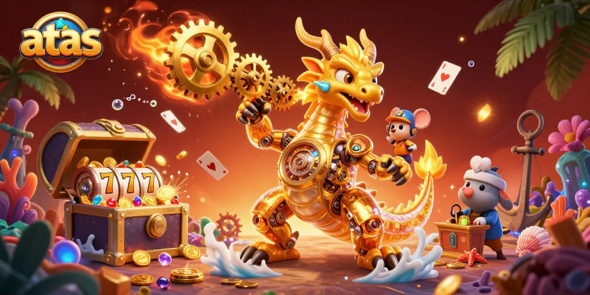 Engage with the atas online casino's vibrant slots scene featuring a golden dragon and treasure.