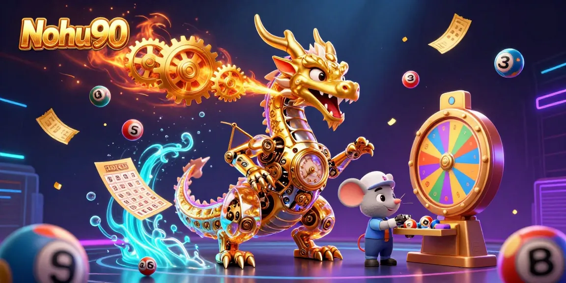 Nohu90 dragon unleashing golden gears amidst dynamic casino elements in vibrant colors.