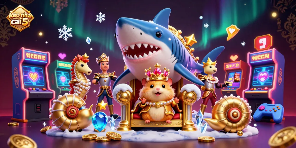 Engaging keo nha cai 5 scene with cute hamster king and floating arcade elements amidst a vibrant casino backdrop.