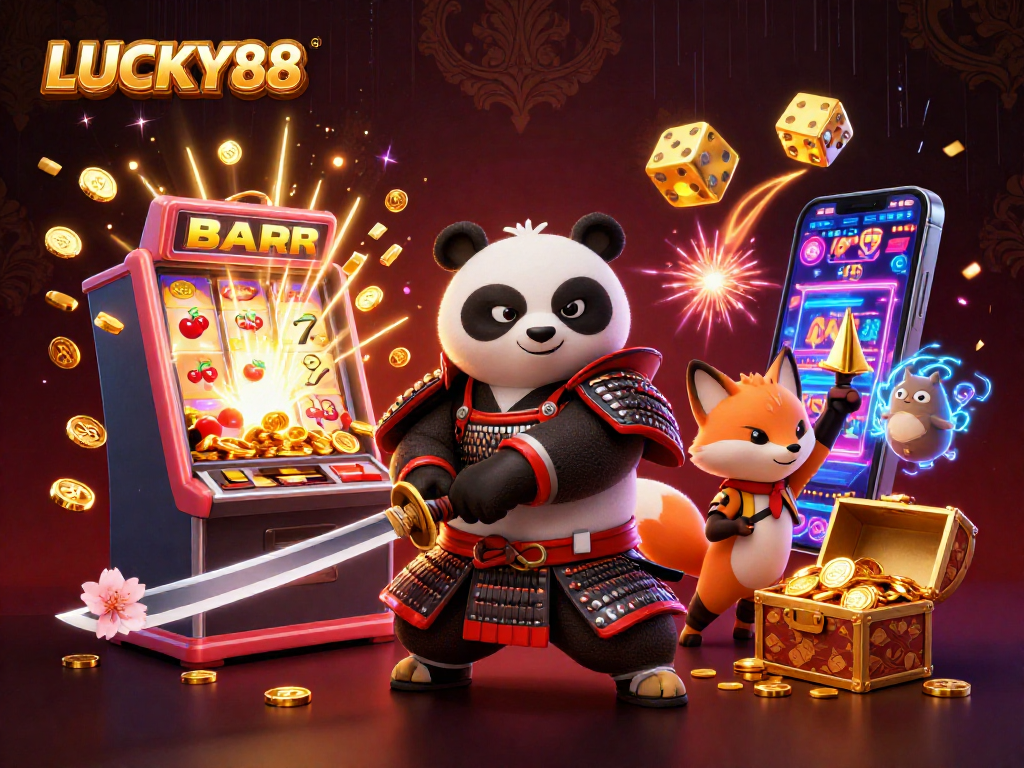 LUCKY88 showcases a fierce samurai panda and ninja fox amidst a vibrant jackpot explosion.