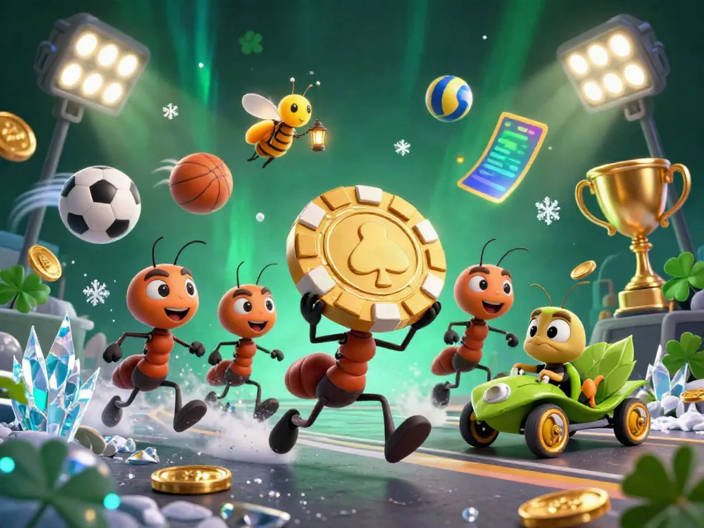 Join the fun with MU88 as cartoon ants carry a giant poker chip in an action-packed casino heist scene.