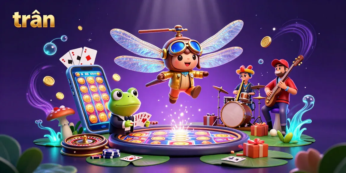 Spin the reels with trần while enjoying a vibrant lily pad casino scene animated with jazzy characters.