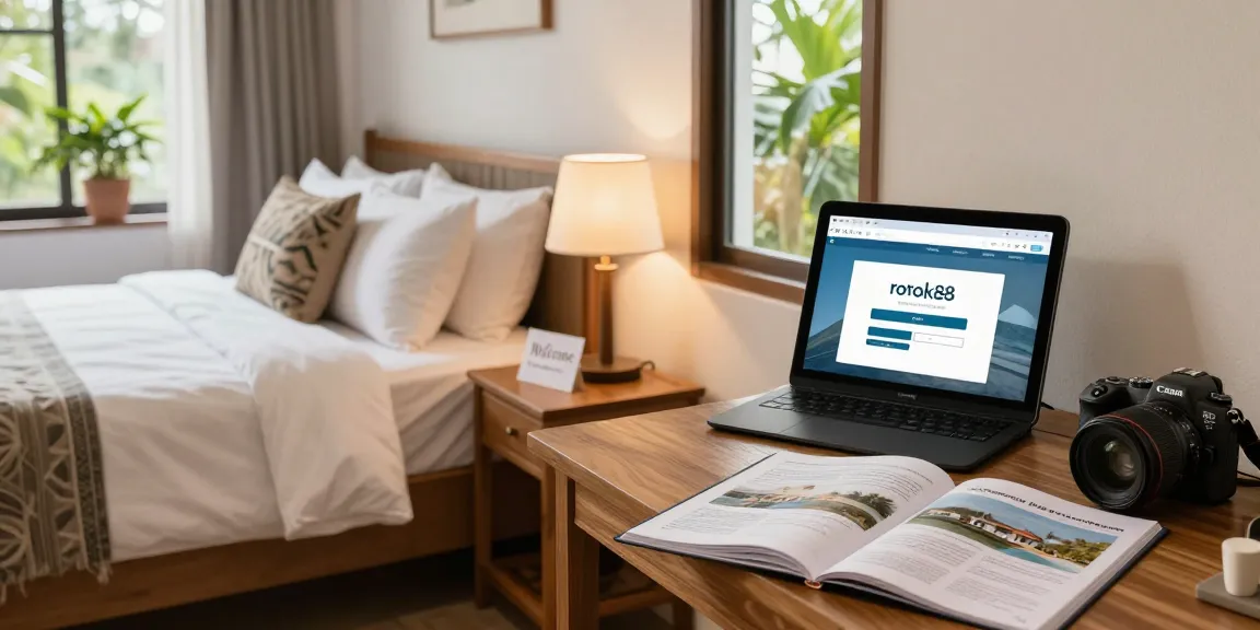 Cozy hotel room with rokok88 login page on the desk, inviting atmosphere for travelers.