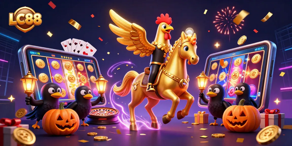 Experience the excitement of LC88 with golden rooster characters amidst vibrant casino elements and a festive atmosphere.