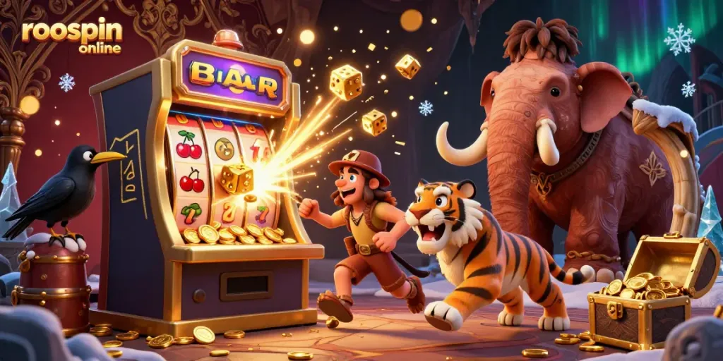Experience thrill at Roospin online with this vibrant prehistoric casino scene filled with winning game elements.